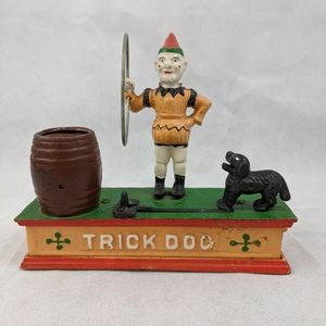 Vintage cast iron Dog Trick Bank + Works Great!